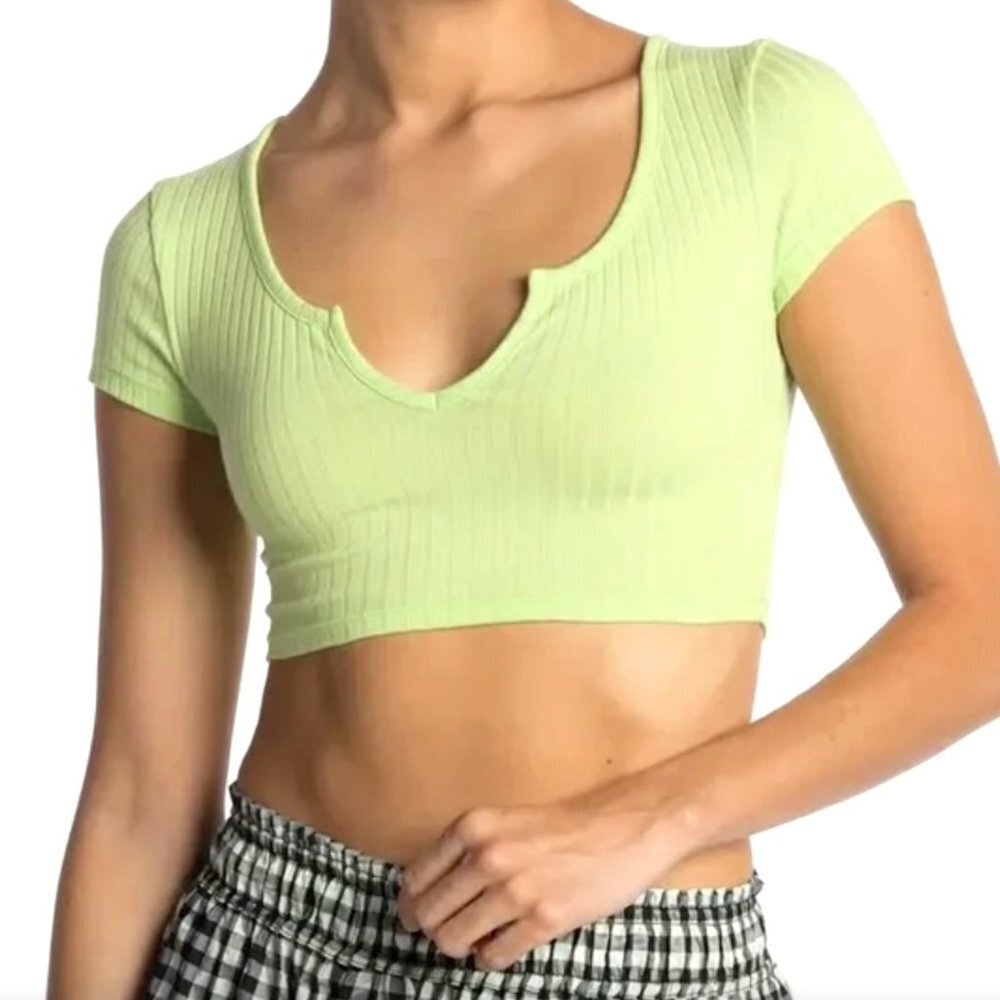Topshop Notch Neck Ribbed Knit Cropped T-Shirt, Lime Green 4 NWOT
